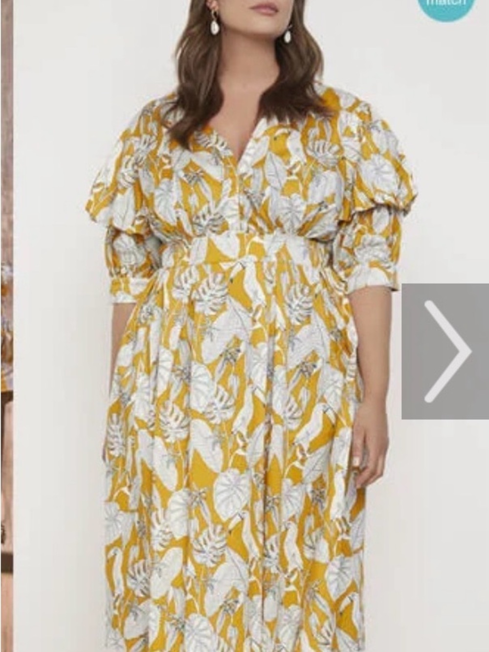 Eloquii Yellow Tropical Midi Dress with White Leaf Print